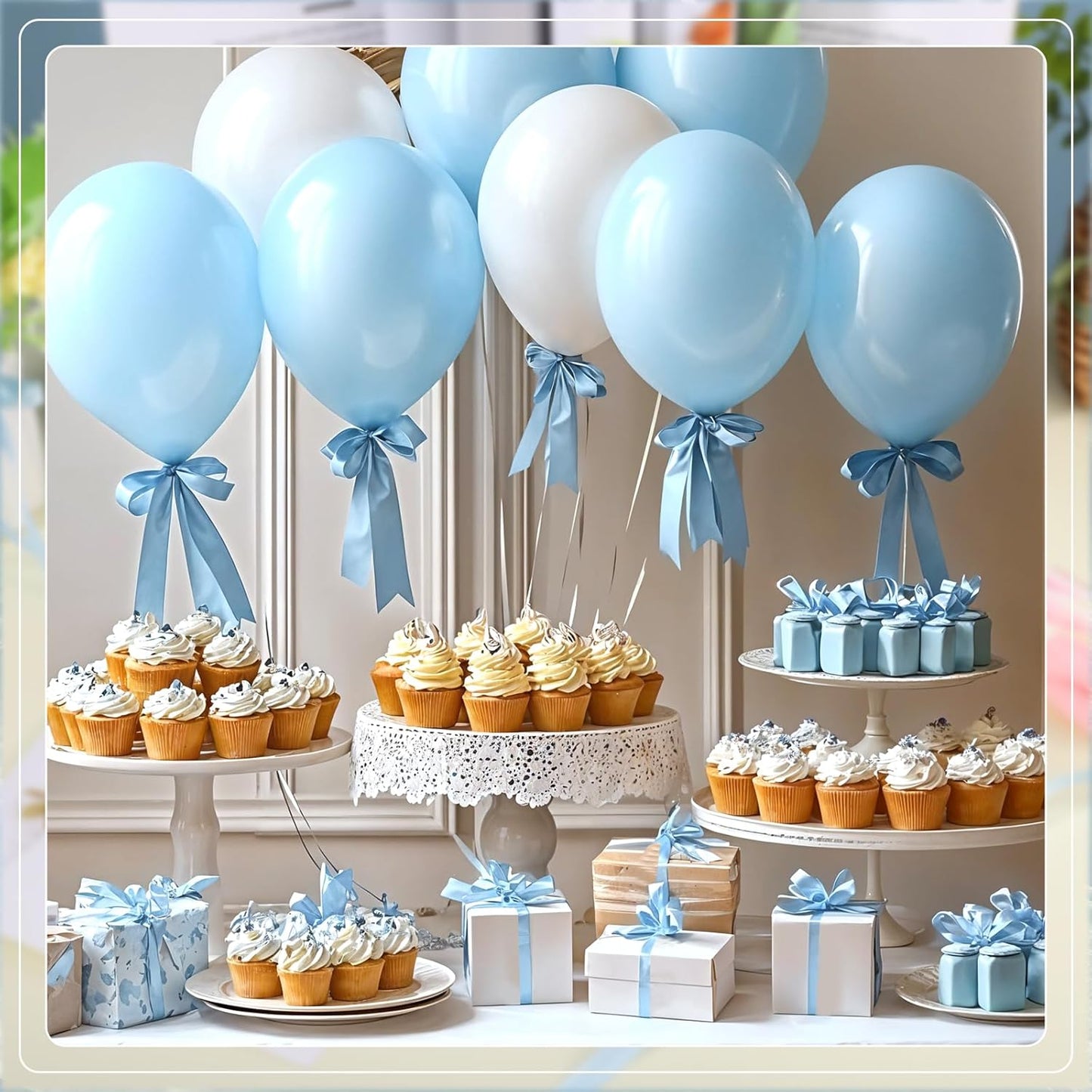 120 Yards Blue Ribbon 3/8 Inch Light Baby Blue Ribbon Thin Crafts Satin Ribbons for Baby Shower Cake Bows Hair Wedding Gift Wrapping Basket String Cake Christmas Decorations