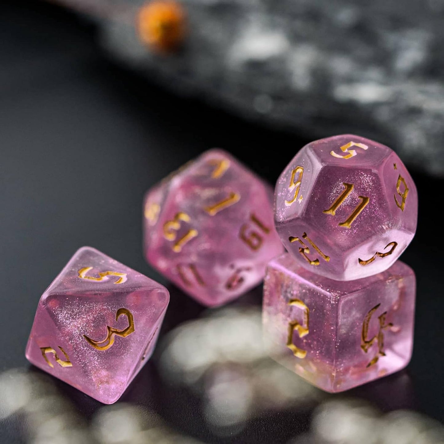7-Die DND Dice Set Polyhedral Dice Set with a Leather Dice Bag, D&D Dice Set for Dungeons and Dragons, RPG Table Games (Pink/G)