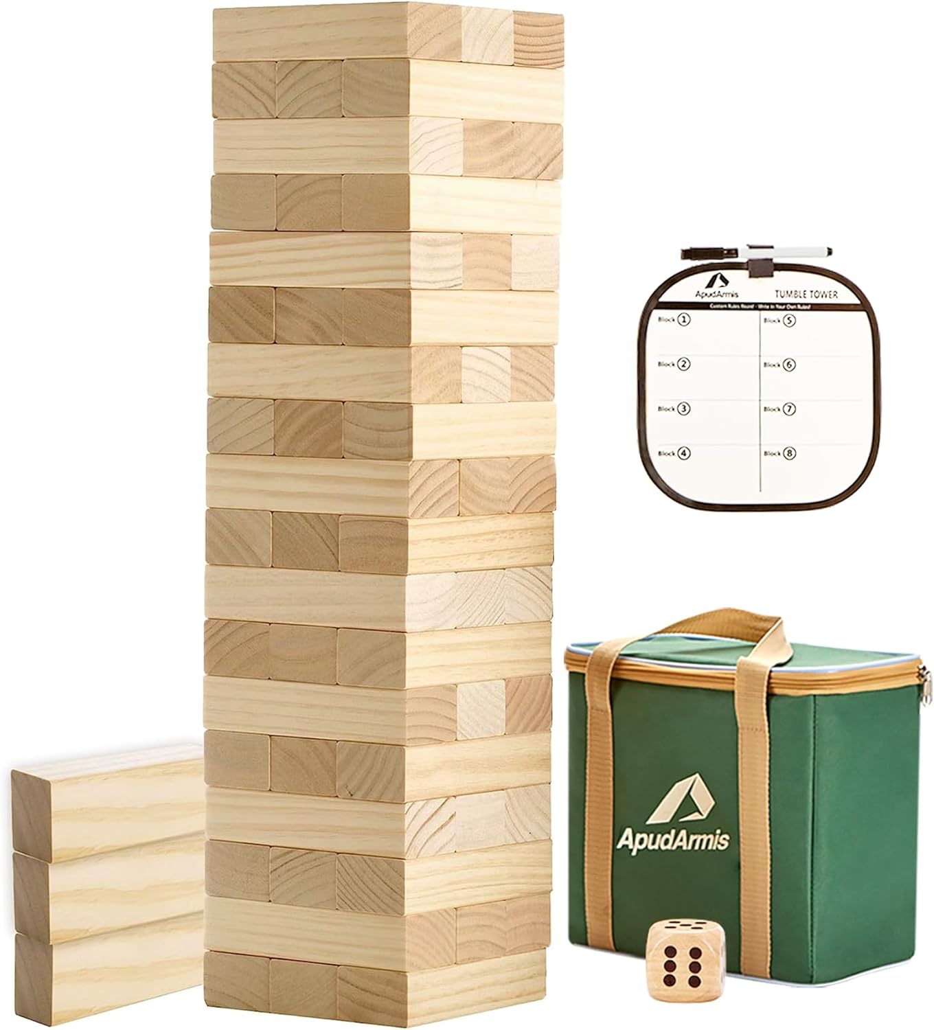ApudArmis 54 PCS Tumble Timber Set [Up to 3.2FT], Pine Wooden Tumble Tower Game with Dice and Scoreboard Set - Classic Block Stacking Board Game for Teens Adults