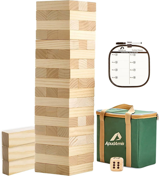 ApudArmis 54 PCS Tumble Timber Set [Up to 3.2FT], Pine Wooden Tumble Tower Game with Dice and Scoreboard Set - Classic Block Stacking Board Game for Teens Adults