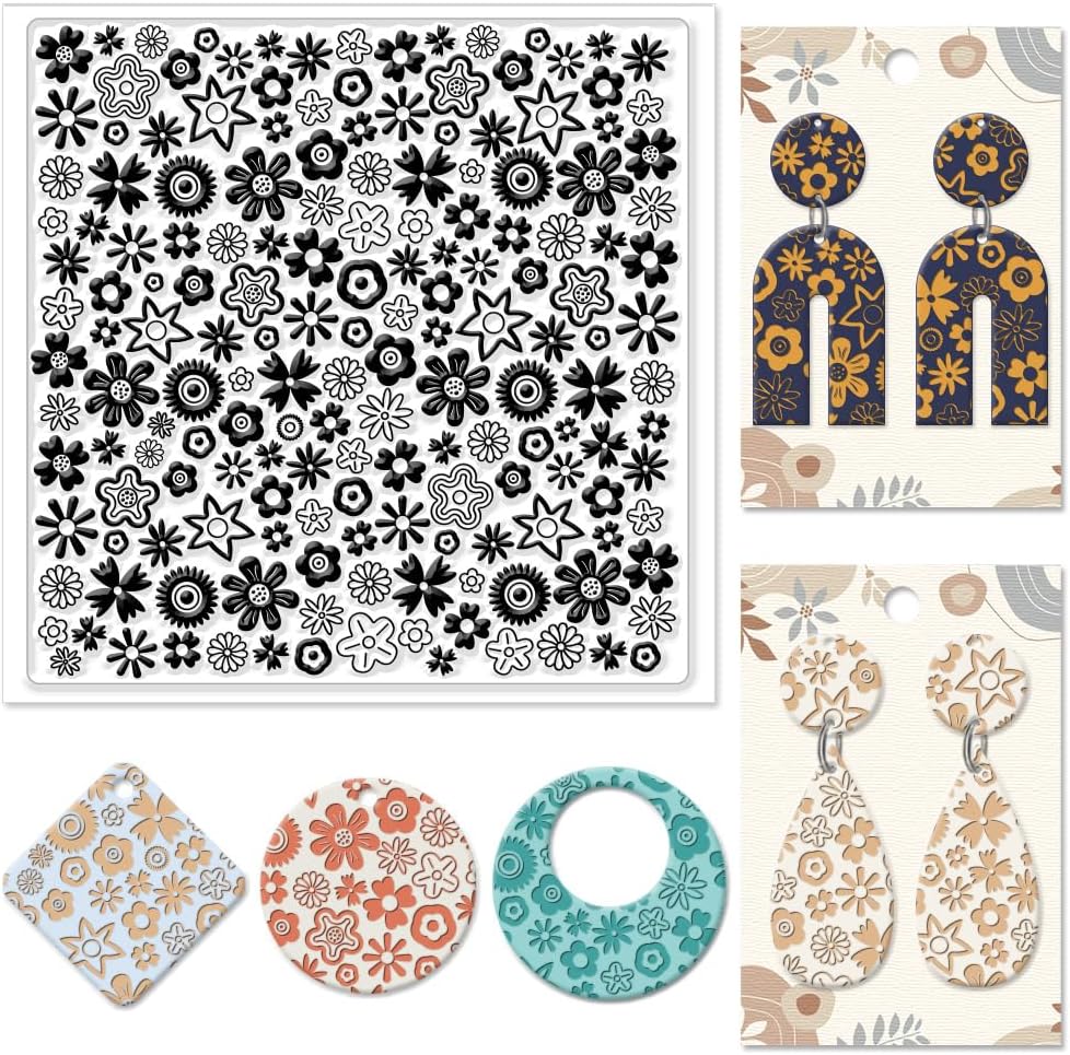 CHGCRAFT Polymer Clay Texture Sheets Cartoon Flowers Texture Stamp Sheets Silicone Texture Stamp Polymer Clay Texture Mat for Making Earrings Jewerly, Polymer Clay Earrings Tools