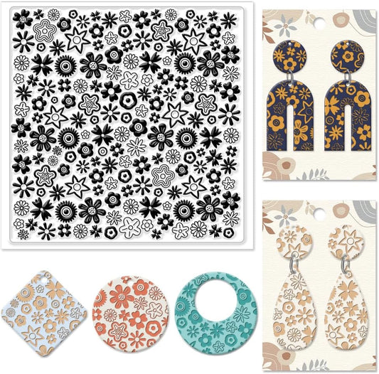 CHGCRAFT Polymer Clay Texture Sheets Cartoon Flowers Texture Stamp Sheets Silicone Texture Stamp Polymer Clay Texture Mat for Making Earrings Jewerly, Polymer Clay Earrings Tools