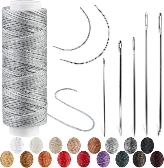 Ftyiwu Waxed Thread, Upholstery Needle and Thread 32 Yards with 7PCS Hand Sewing Needles for Home Upholstery Carpet Canvas Repair Leather Sewing(Light Gray)