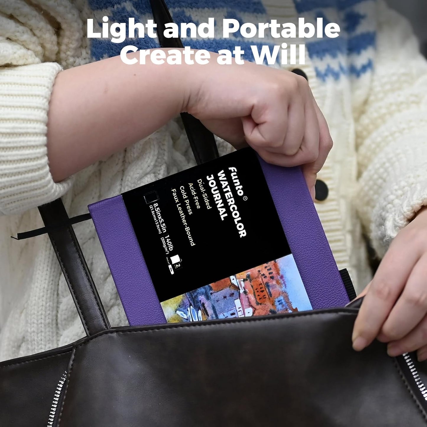 Funto Watercolor Journal, 8.5x5.5, 2 Pack, 48 Pages Each, Purple Leather Cover, Cold-Pressed, Inner Paper Pocket, Art Supplies for Mixed Media