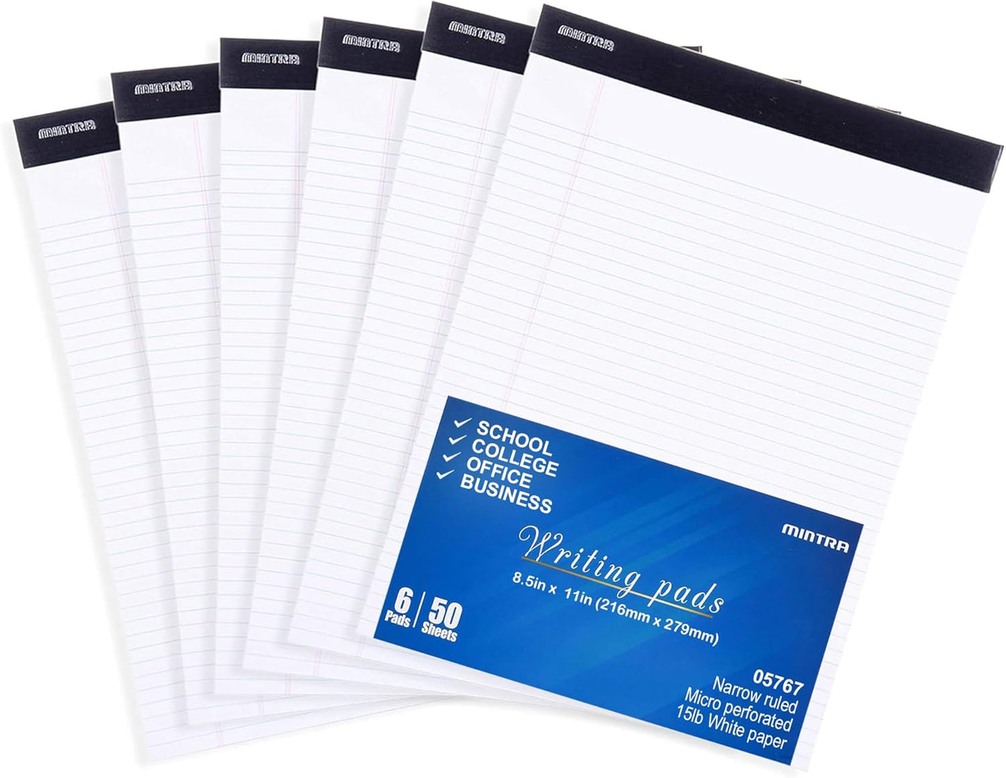 Mintra Office Legal Writing Pads – White Narrow Ruled Paper for Writing & Note-Taking – Ideal Notepads for Business, College, School & Office Use – 8.5" x 11" (6 Pack)