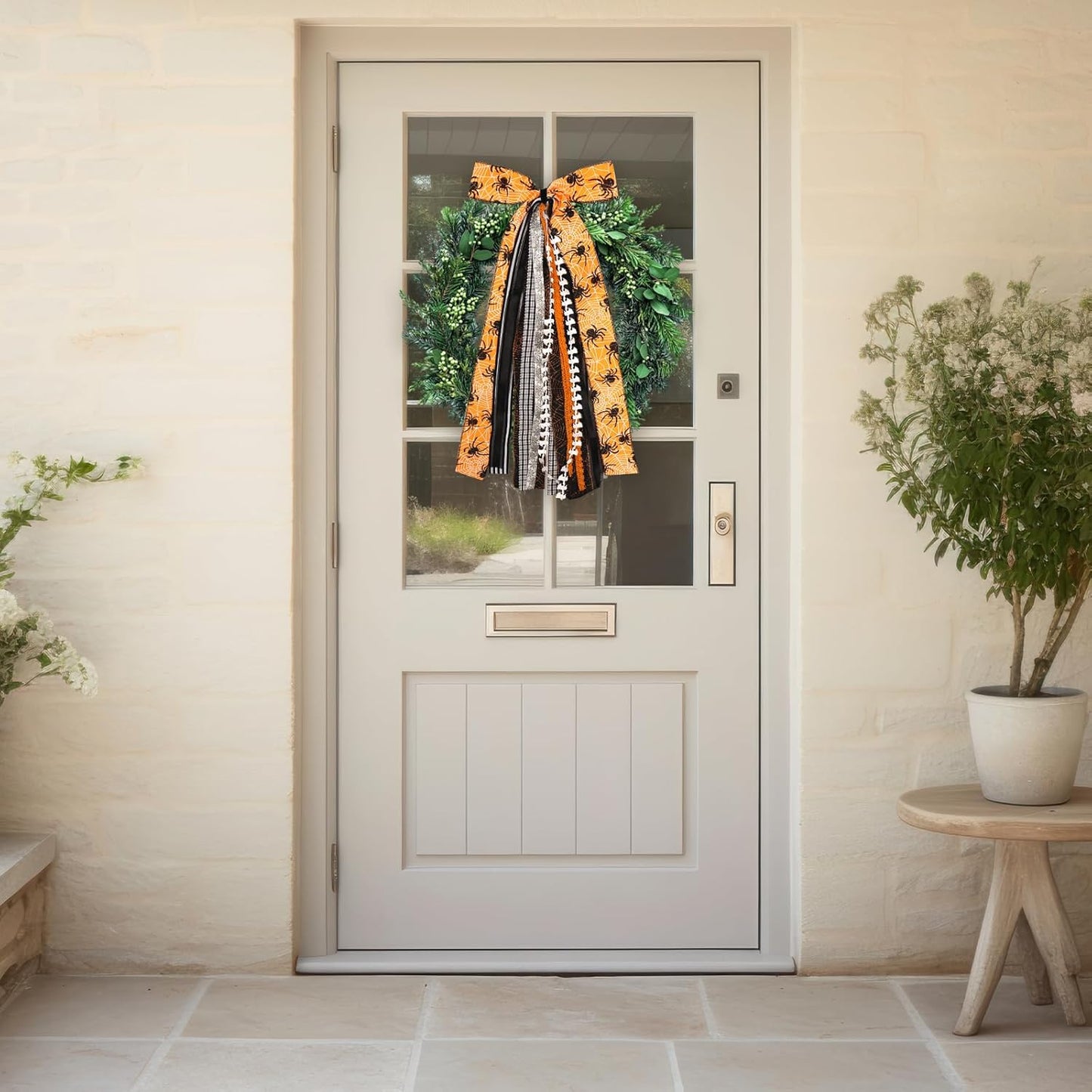 Large Halloween Ribbon Bow for Wreath, Orange Spider Web Fabric Ribbons Set Assorted Ribbons Black White Stripe Plaid Clip-On Wreath Sash Ribbon Bundle for Halloween Home Indoor Outdoor Decor