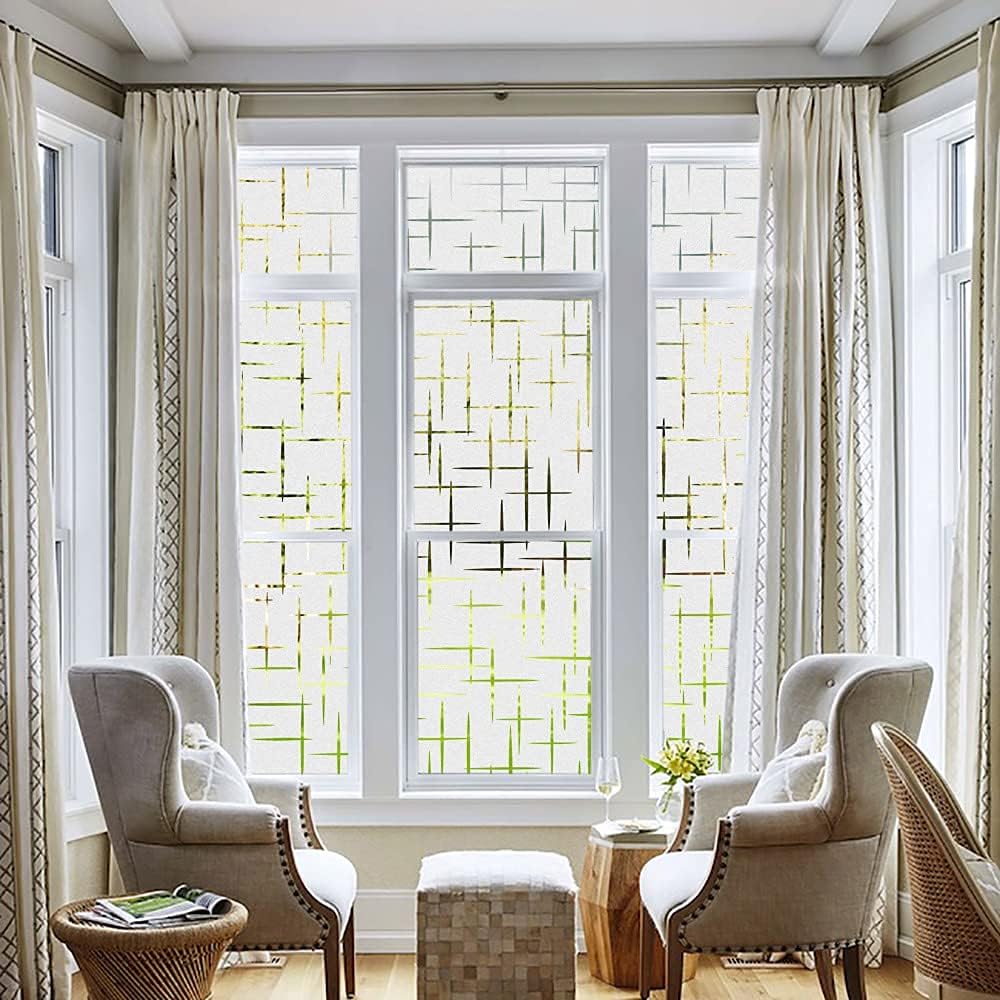 NINETREX Frosted Window Privacy Film,Window Cling Privacy Film, Decorative Glass Static Cling Non-Adhesive Vinyl Removable for Home Office Cross Pattern,35.4 x 78.7Inches