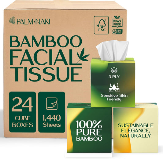 Bulk Case: Bamboo Facial Tissue | 3-Ply Strong | Lint-Free, Fragrance-Free | Gentle for Sensitive Skin | BPA & PFAS-Free, FSC Certified | 24 Cube Boxes | PALM NAKI