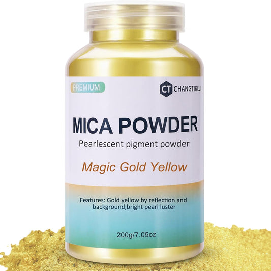 Mica Powder,200g/7.42oz Large Jar,Magic Gold Yellow Mica Powder Pigment for Epoxy Resin，Lip Gloss，Paint，Dye，Soap Making，Nail Polish,Candle Making,Bath Bombs