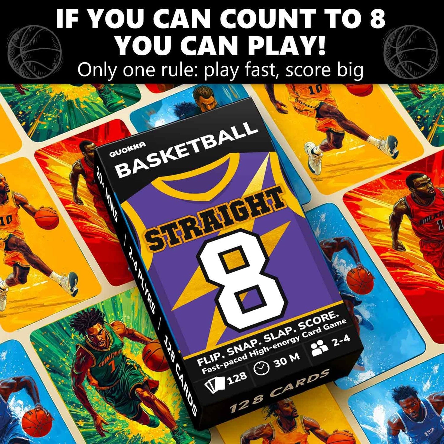 QUOKKA Basketball Fast-Paced Card Game for Kids & Adults – 128 Cards & Easy Rules – Quick & Fun Matching Game – 2-4 Players – Ages 8+ – Perfect for Family Games Night, Travel and Parties