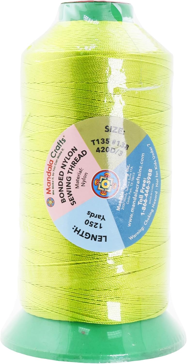 Mandala Crafts Bonded Nylon Thread - Lime Green Heavy Duty Sewing Threads - 1250 YDs Size 138 420D T135 Tex 135 for Leather, Jeans, Weaving, Outdoor, Marine, Upholstery