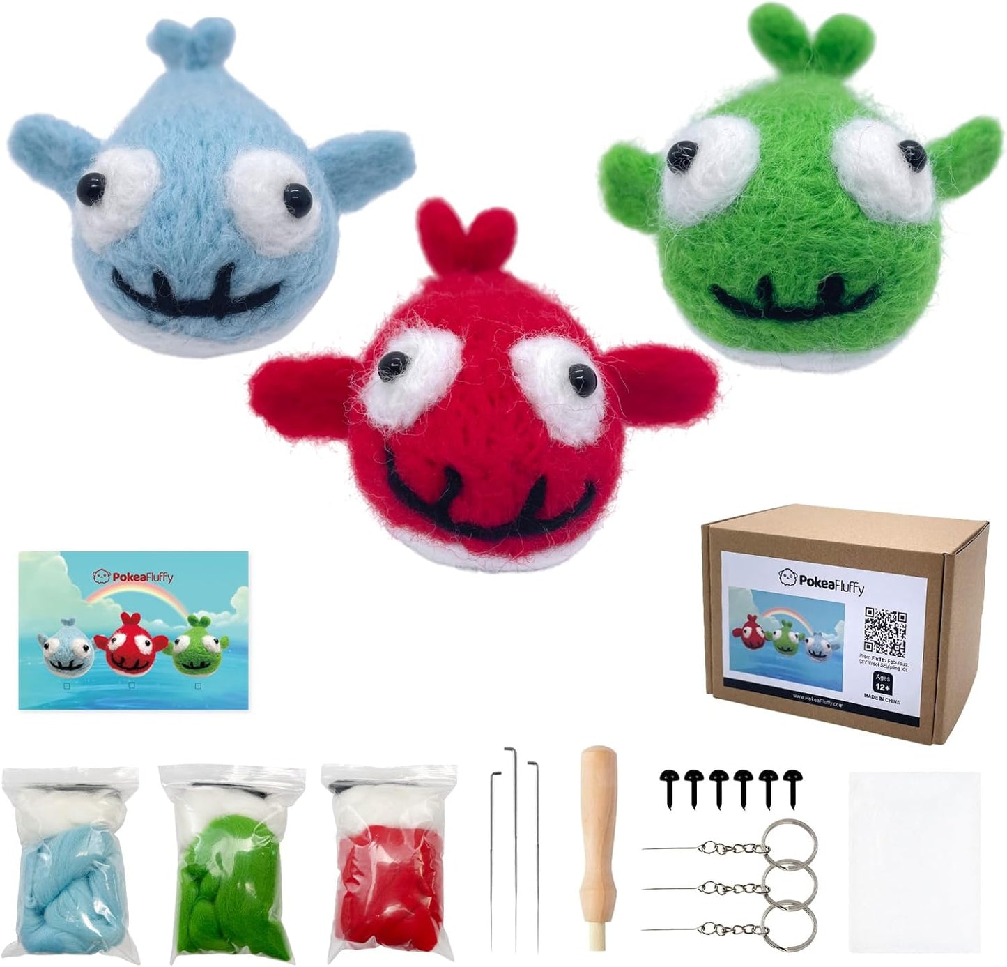 Needle Felting Kit, 3 Pcs Sharks Wool Needle Felting Kit for Beginners & Adult, Animal Doll Making Set with Video Instruction, Craft Party Supplies, Tools & Foam Pad, DIY Home Decor, Birthday Present