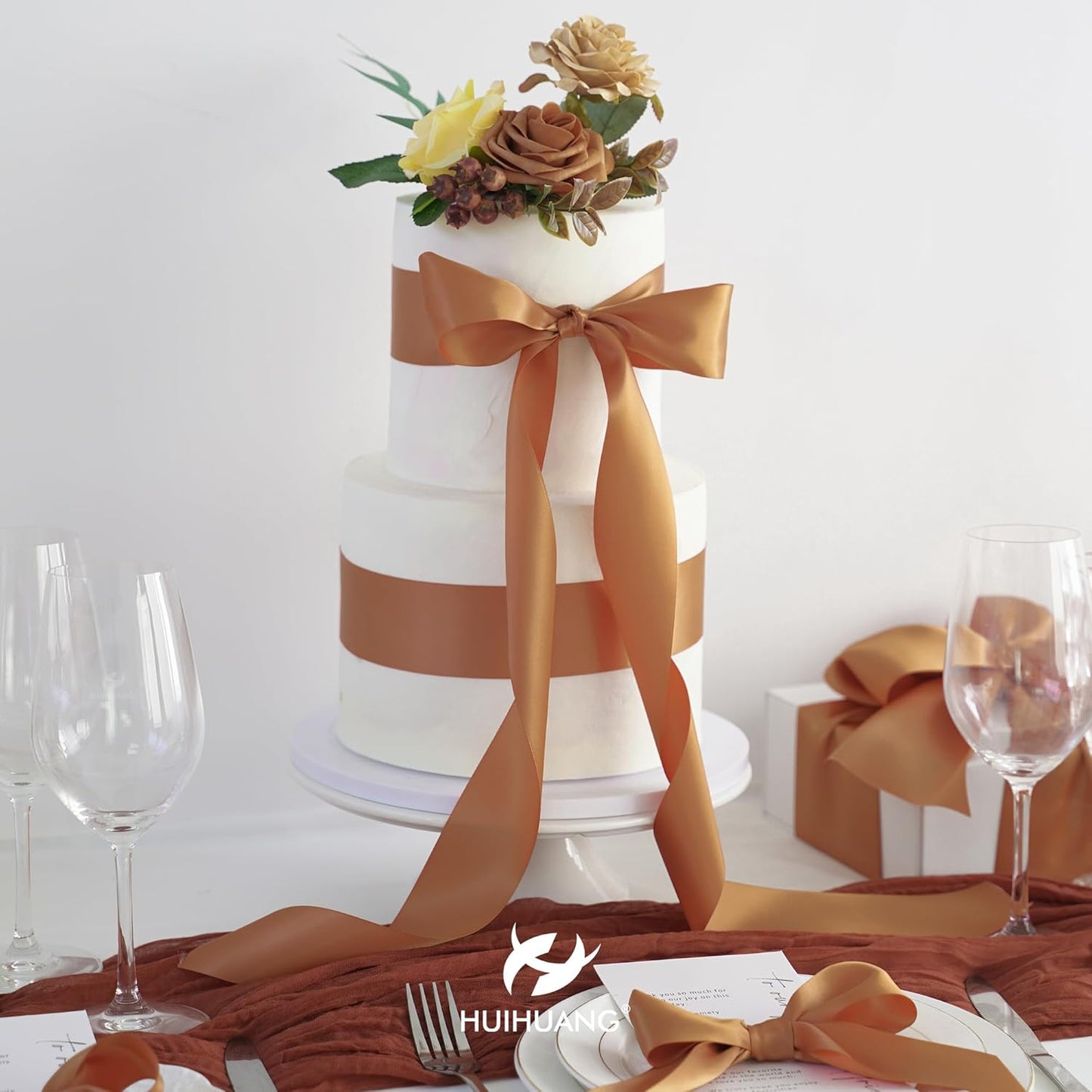 HUIHUANG Terracotta Ribbon 2 inch Wide Double-Faced Terracotta Satin Silk Ribbon for Flower Bouquet Wrap, Gift Wrapping, Fall Wedding Decor, Crafts and Bows Making- 25 Yards/Roll