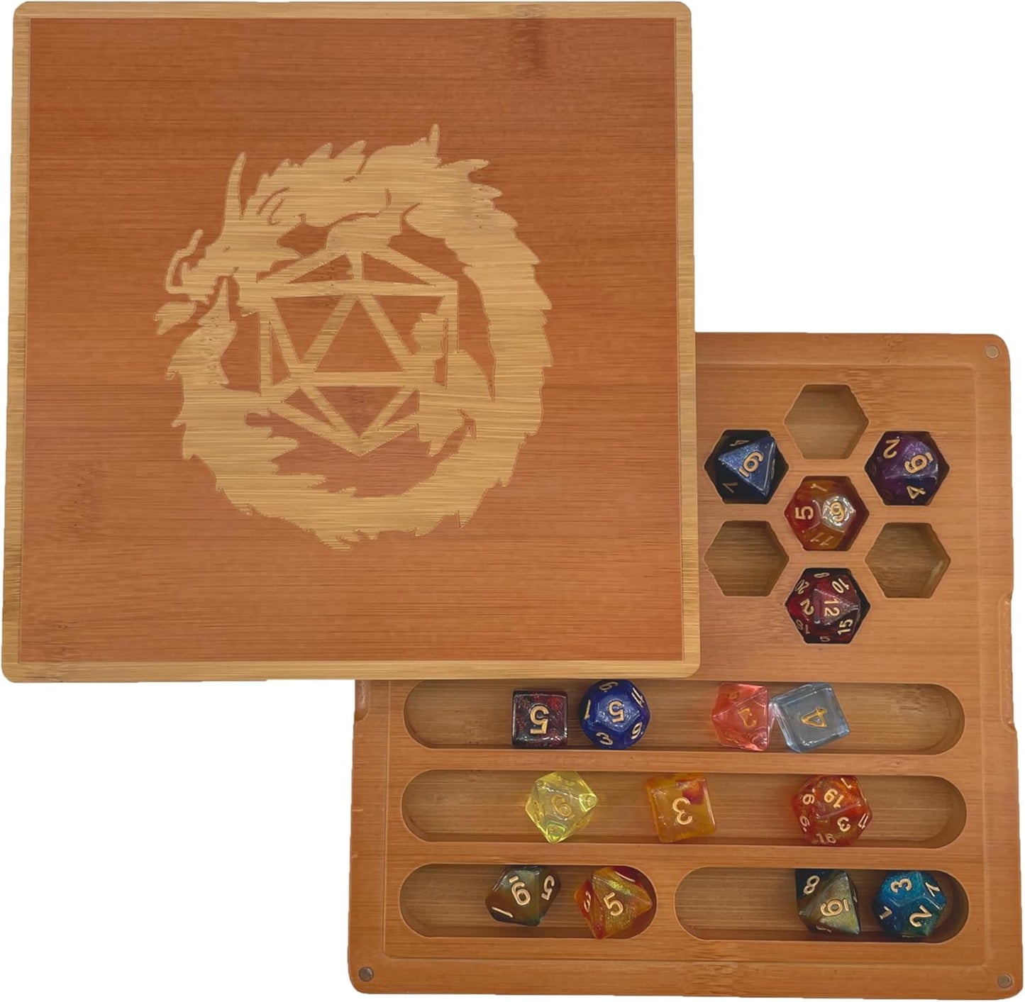 Bamboo Dice Box DND Dice Case 2 in 1 Dice Tray and Storage 7.5 x 7.5 Inch DND Dice Holder Dice Vault with Magnetic Lid Dice Rolling Tray Combined into One for RPG