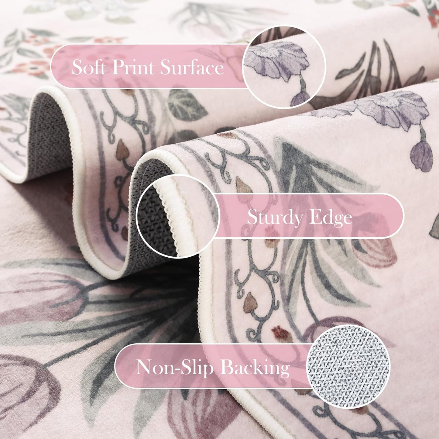 Wonnitar Boho Floral 3x5 Washable Rug, Ultra-Thin Pink Small Rugs for Bedroom, Soft Non Slip Moroccan Throw Carpet for Nursery Girls Bedside Dorm Room Decor, Pale Pink