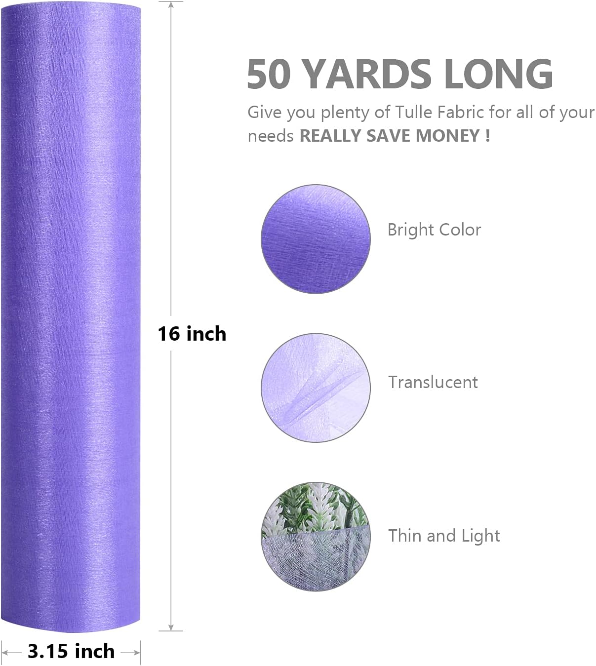 Crystal Organza Fabric Tulle - 16" by 50 Yards Sheer Fabric for Wedding Party Decoration Bridal Shower Tutu Roll Netting Spool Ribbon Wrapping (Lavendar)