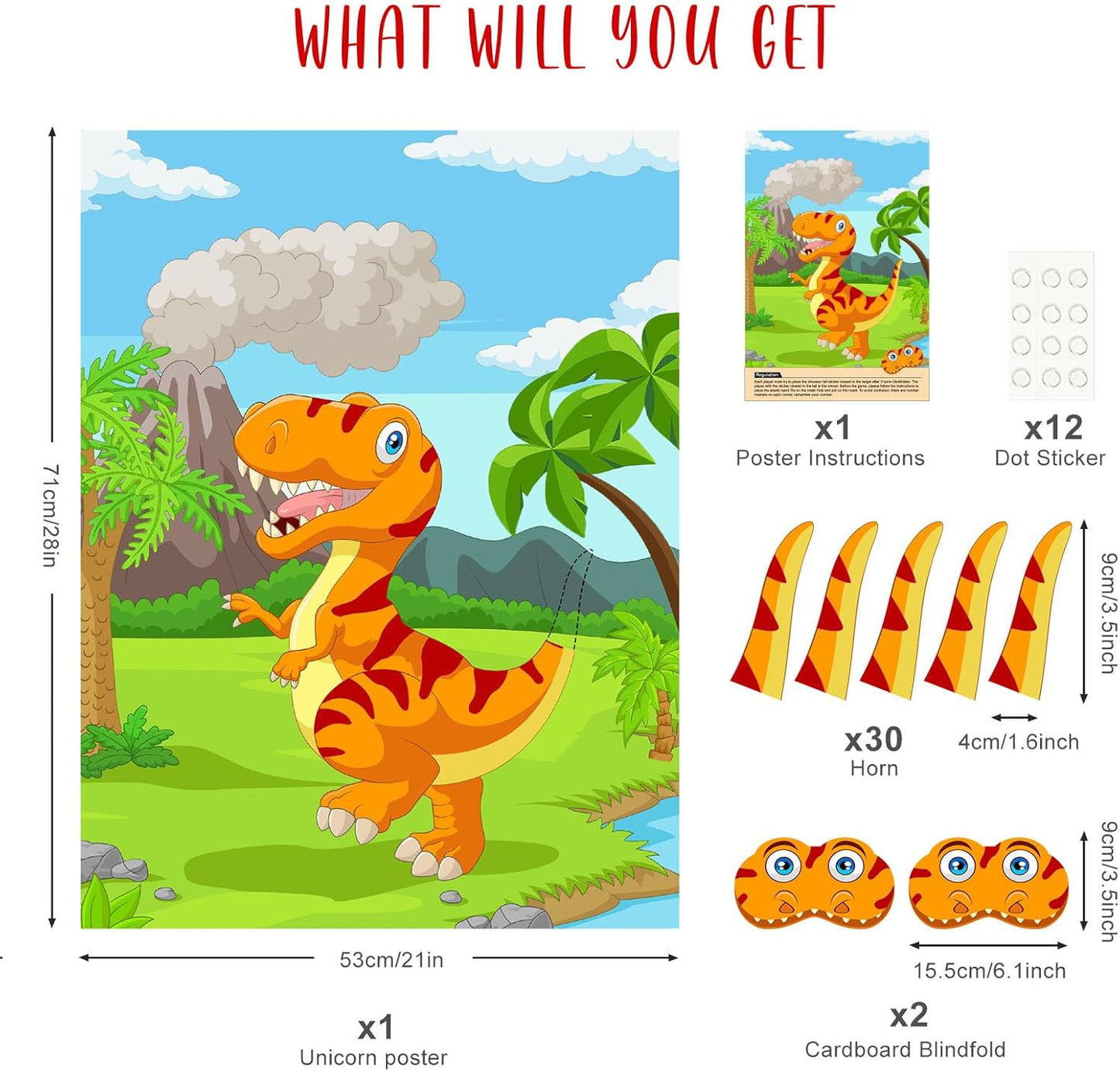 ASTARON Pin The Tail on The Dinosaur Party Game with 30 Tail Stickers for Dinosaur Birthday Party Supplies Pin Game, Boys Party Dinosaur Favors Decorations for Christmas