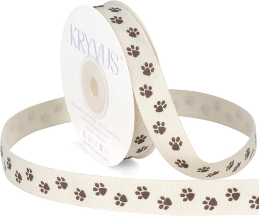Paw Print Ribbon - 5/8 Inch x 12 Yards Natural Twill Tape Ribbon, Cotton Herringbone Ribbons for Gift Wrapping, Crafts, Dog Party Supplies, DIY Decoration