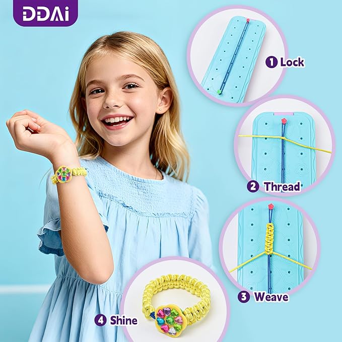 DDAI Birthday Gift Friendship Bracelet Kit for Girls Age 8-12 – Arts and Crafts Kits - Gem-Decorated DIY Craft Set with Threads & Beads – Ideal Holiday Present for Kids Age 7 9 10 11 Years Olds Toys