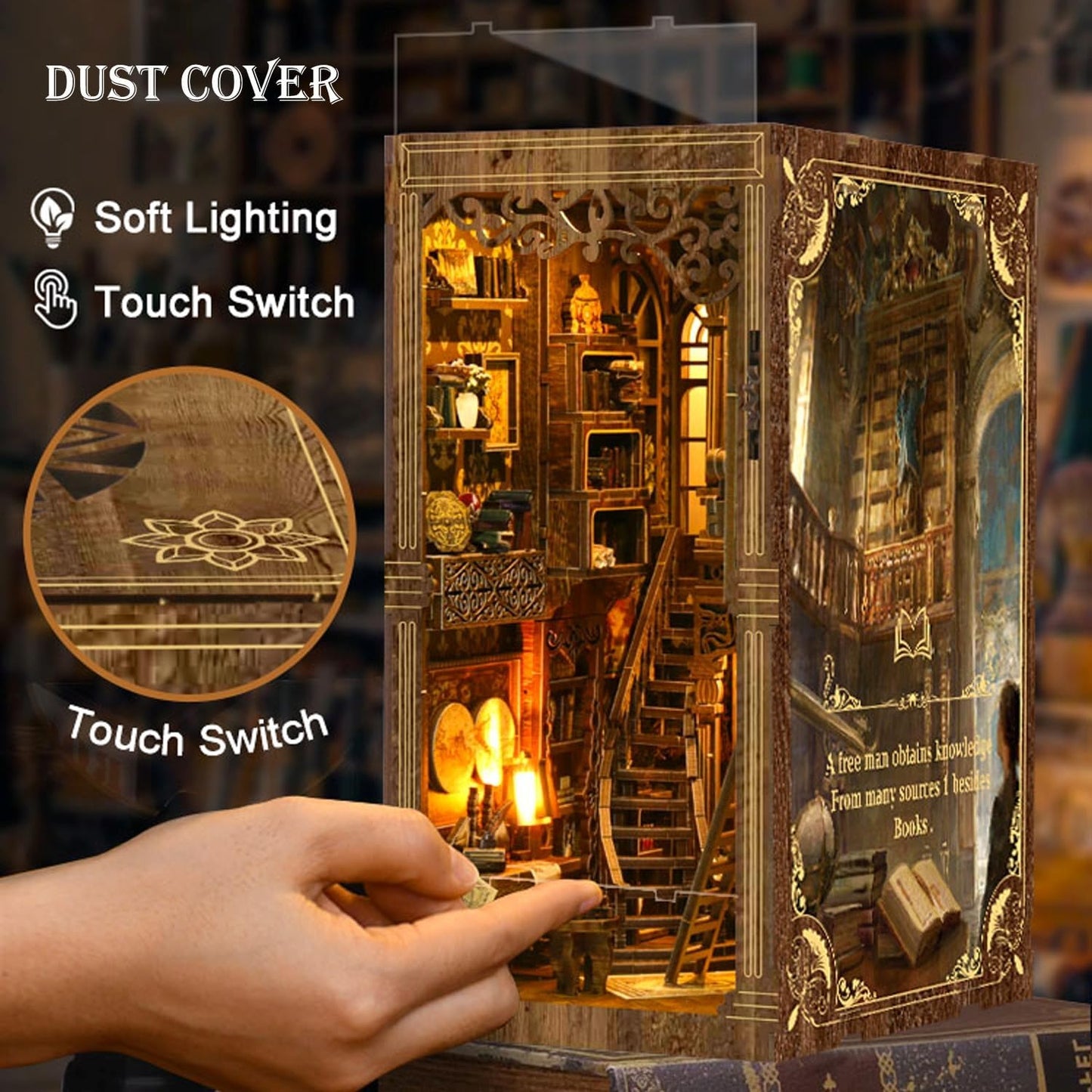 Book Nook Kits for Adult, DIY Miniature House Kit 3D Wooden Puzzles Miniature House Booknooks Dollhouse Bookend Bookshelf Insert Decor with LED Light Gift - Ancient Book Collection Room
