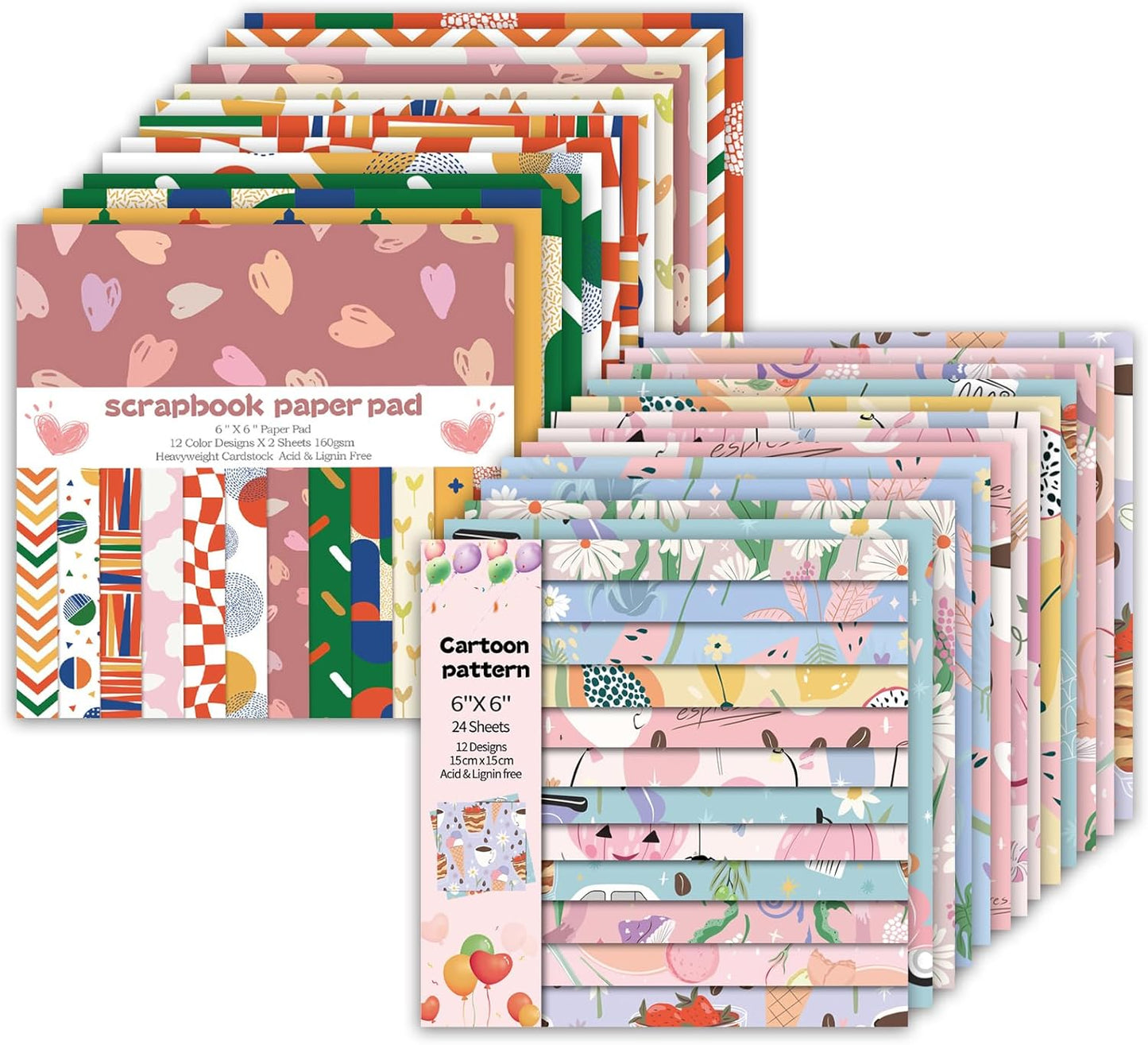 48 Sheets 24 Designs Scrapbook Paper Pad, 6"×6" Single-Sided Decopodge Craft Cardstock Paper,Scrapbooking DIY Decorative Background Cardmaking Supplies.Sweet Love&Cartoon
