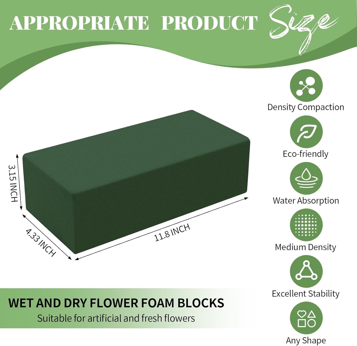 Aktor 48 Pcs Floral Foam Blocks for Fresh & Artificial Flower Arrangement, 8.8” x 4.1” x 2.7” Green Wet Foam for Wedding, Birthdays, Home, Office, and Garden Decorations