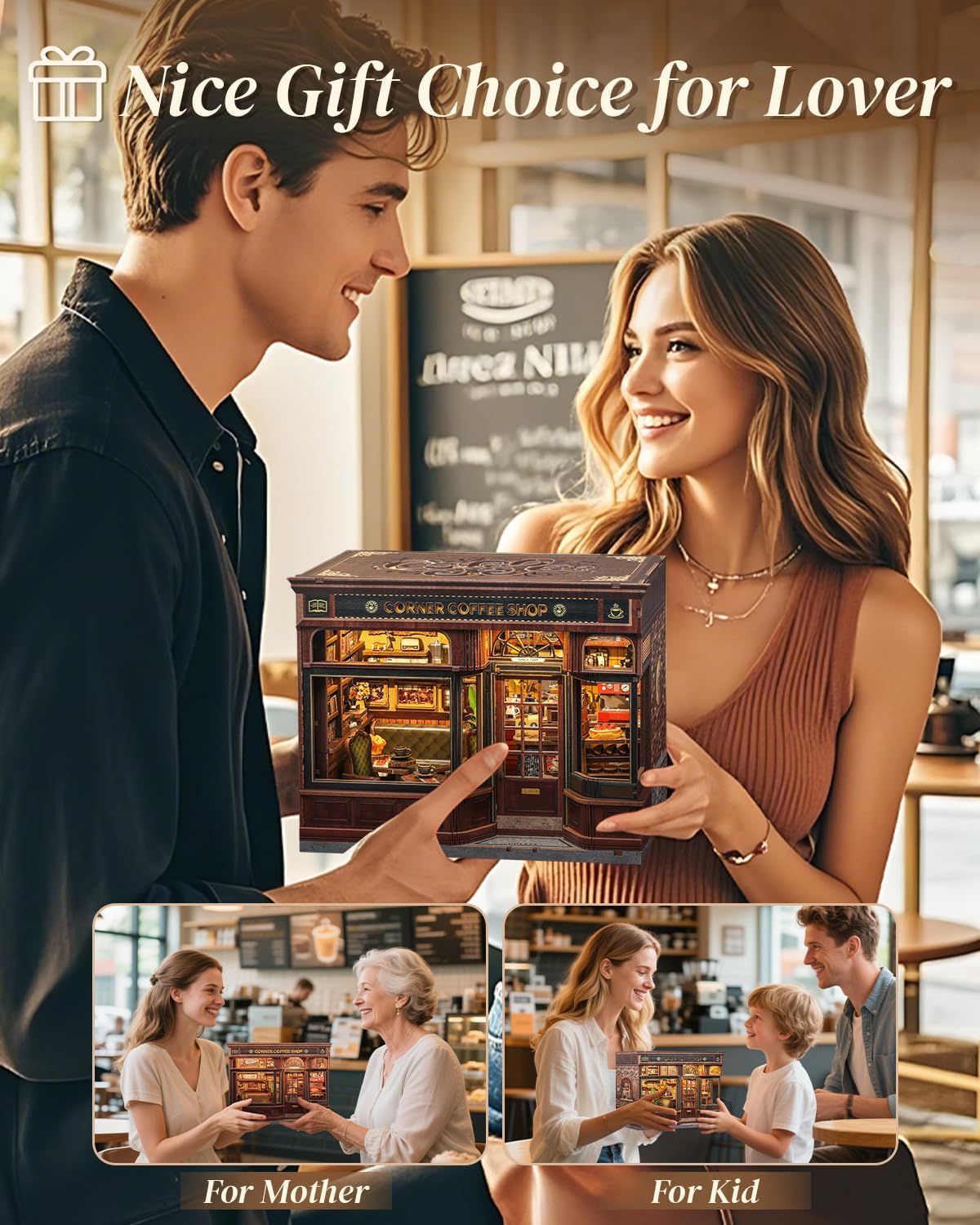 Cutefun Book Nook Kit - DIY Miniature Doll House Kit, Book Nook Kits for Adults, 3D Wooden Puzzle Bookend Bookshelf with LED Light for Cafe Crafts Lovers (Corner Coffee Shop)