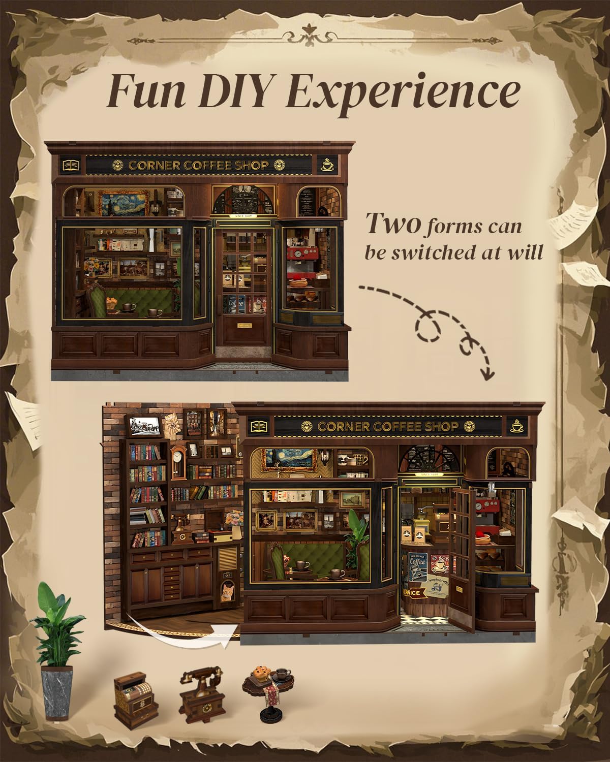 Cutefun Book Nook Kit - DIY Miniature Doll House Kit, Book Nook Kits for Adults, 3D Wooden Puzzle Bookend Bookshelf with LED Light for Cafe Crafts Lovers (Corner Coffee Shop)