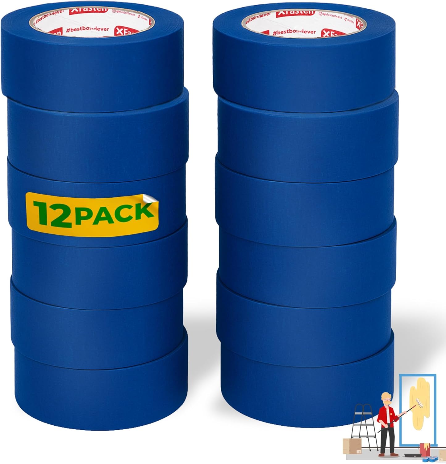 XFasten Blue Painter's Tape, 2 Inch x 60 Yards (12-Pack) Blue Painters Masking Tape Bulk - Sharp Edge Line Technology, Produces Sharp Lines | Residue-Free and Artisan Grade Wall Trim Tape