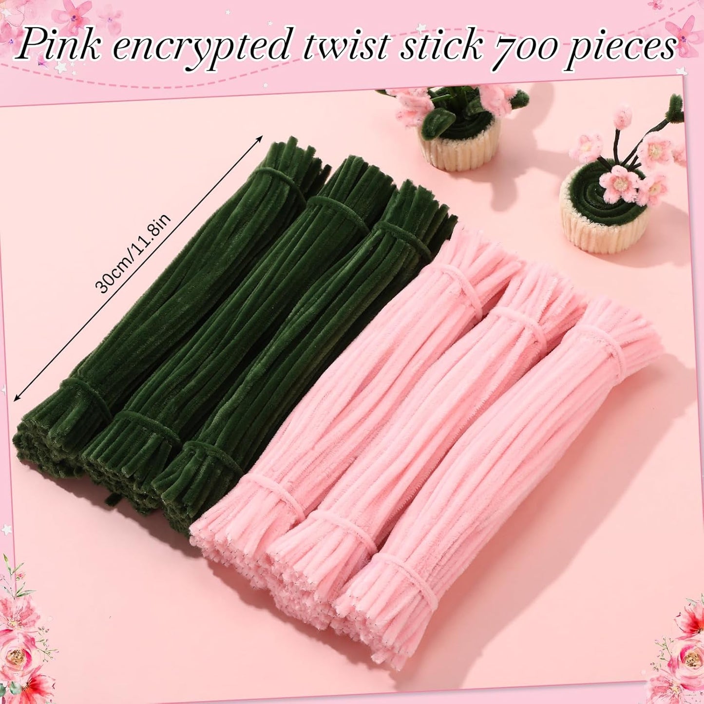 DaisyInner 700 Pcs Halloween Fall Pipe Cleaners Craft Bulk Pastel Chenille Stems Flower DIY Gradient Colored Fluffy for School Classroom Thanksgiving Christmas Party Supplies(Pink,Green)