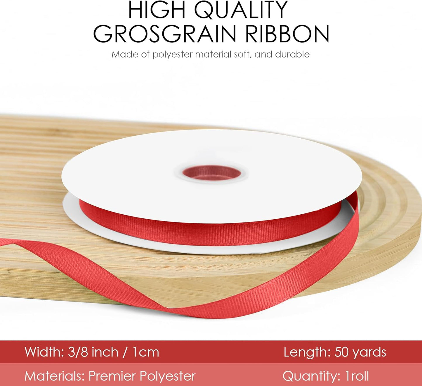 50 Yards 3/8 inch Grosgrain Ribbon, Solid Color Fabric Ribbon Perfect for Gift Wrapping, Wedding, Handmade Bows, Floral Bouquets and Party Decoration(red)