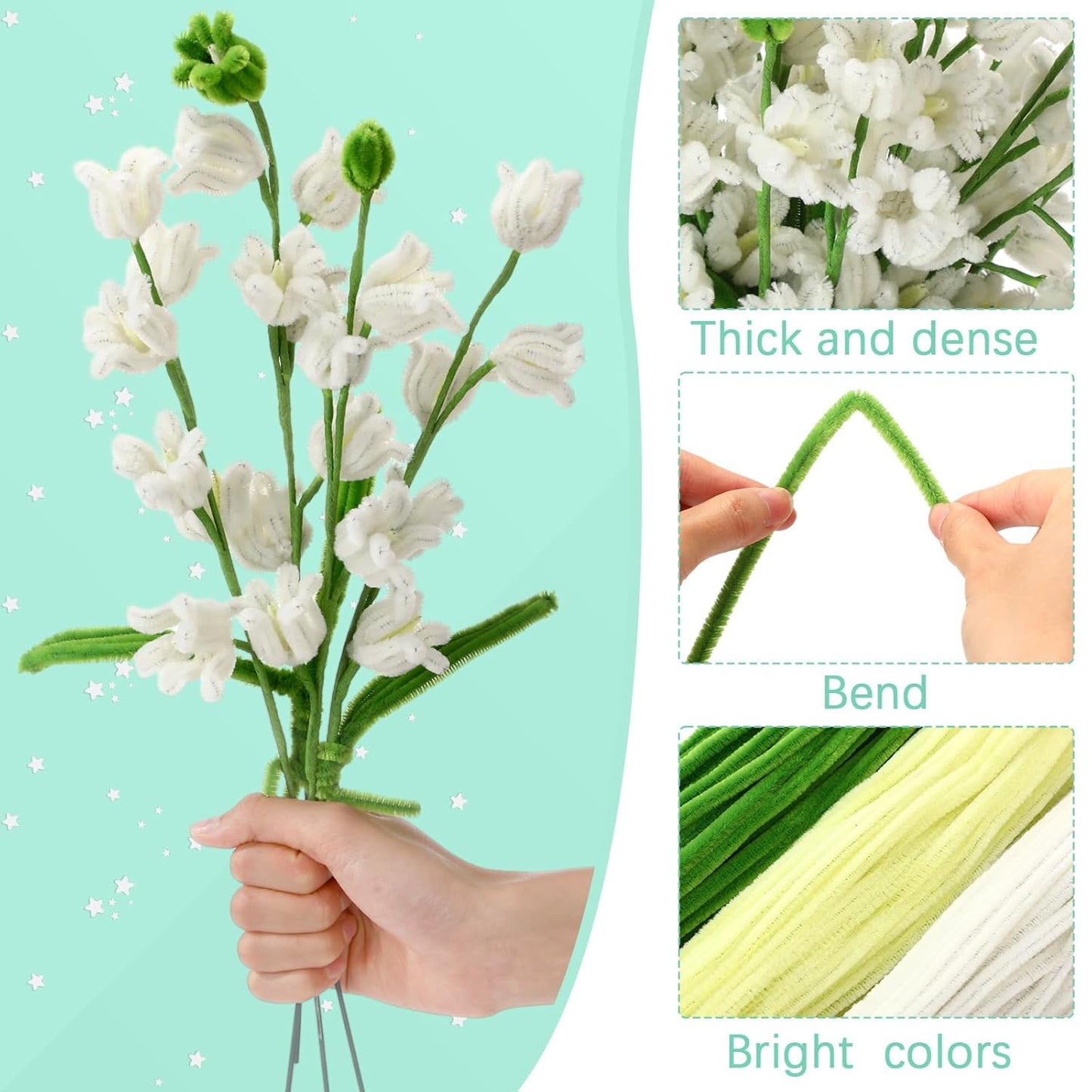 DaisyInner 700 Pcs Halloween Fall Pipe Cleaners Craft Bulk Pastel Chenille Stems Flower DIY Gradient Colored Fluffy for School Classroom Thanksgiving Christmas Party Supplies(White,Green)