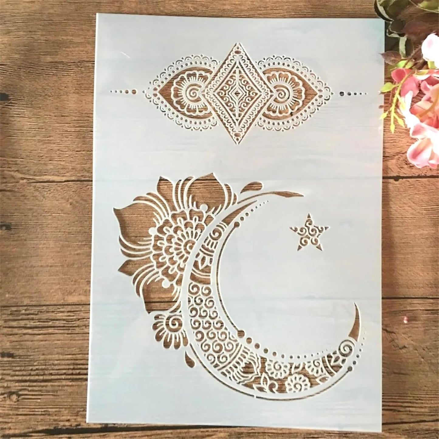 TIAMECH A4 Reusable Palace Moon Flower Stencil for Painting - Totem Layering Template, DIY Wall Art, Wood Furniture, Scrapbook & Crafts (8.3x11.7inch)