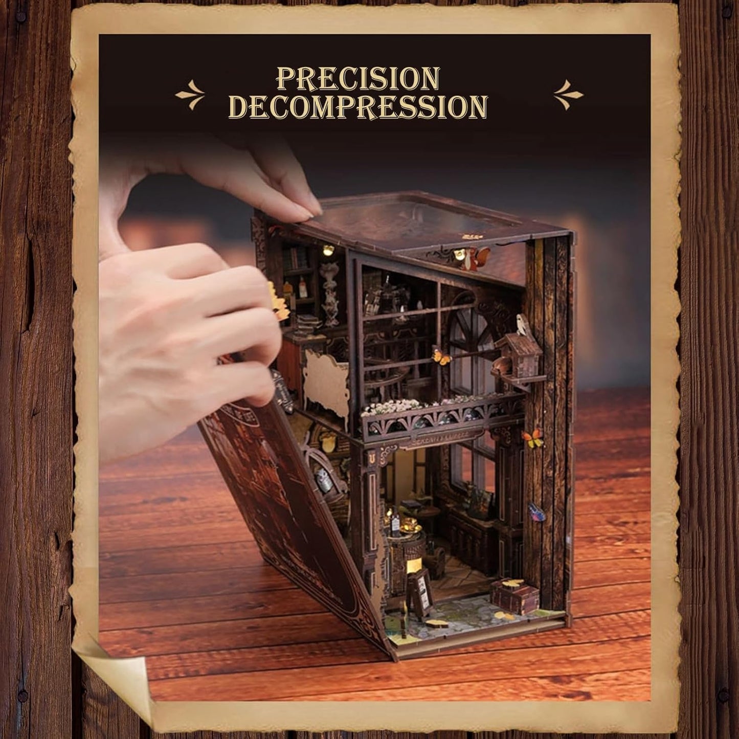 DIY Book Nook Kit 3D Puzzles for Adults Miniature House Kit Wooden Bookends Booknook Bookshelf Insert Decor with LED Lights Wood Crafts Gifts for Book Lovers - Serenity Coffee House