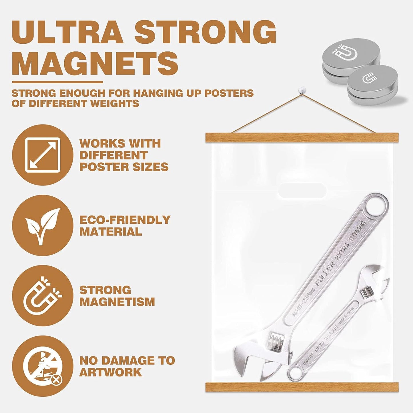 Ywlake Magnetic Poster Hanger, 9x12 9x14 9x17 Poster Frame Wood Wooden Magnet Print Posters Dowel Scroll Hanger Hangers Hanging Kit for Walls Map Canvas Artwork (Teak Wood, 9")