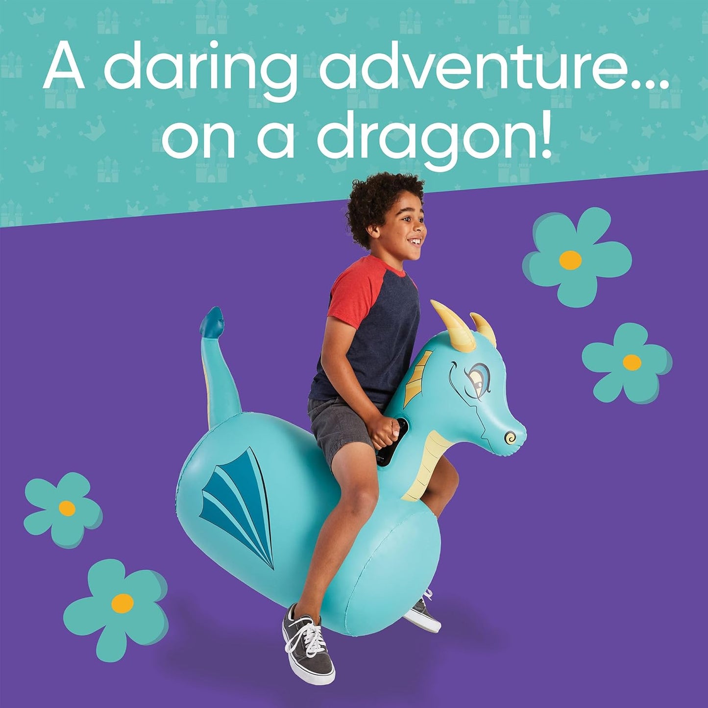 Hearthsong Hop N Go Inflatable Blue Dragon Bouncy Riding, Hopping Toys for Kids Ages 5+ - Ride On Bouncer Animal Hopper Jumping Toys for Outdoor Games