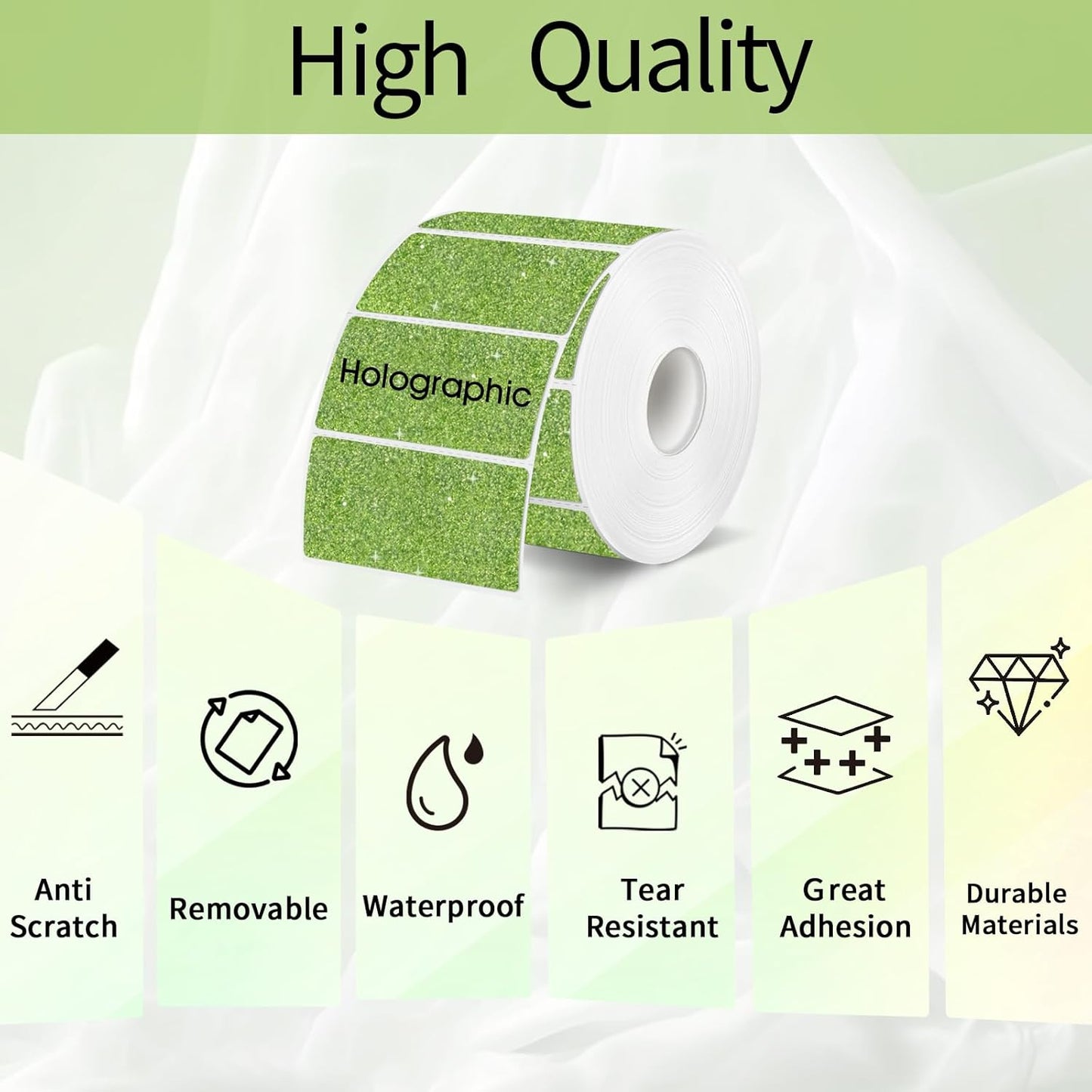 Square Holographic Thermal Labels Stickers, 2" x 2" Thermal Stickers Labels, Waterproof Glitter Direct Thermal Printer Label for Small Business- Holographic Green