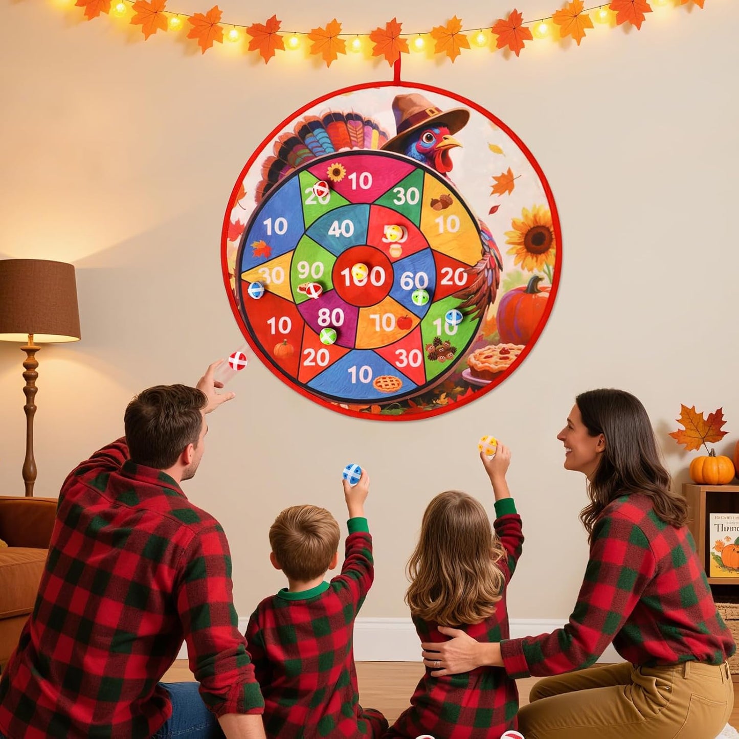 Thanksgiving Games: 29" Turkey Dart Board with PE Sticky Balls for Kids | Double-Sided Christmas Santa Toss Games for Family Party | Indoor & Outdoor Darts Set, 8 Polyethylene Balls & Darts