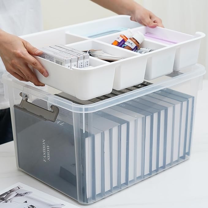 Citylife 32 QT Plastic Storage Bins with Removable Tray Large Stackable Storage Containers for Organizing Craft Storage and Storage Craft, Clothes, Files, Office Supplies, 4 Packs