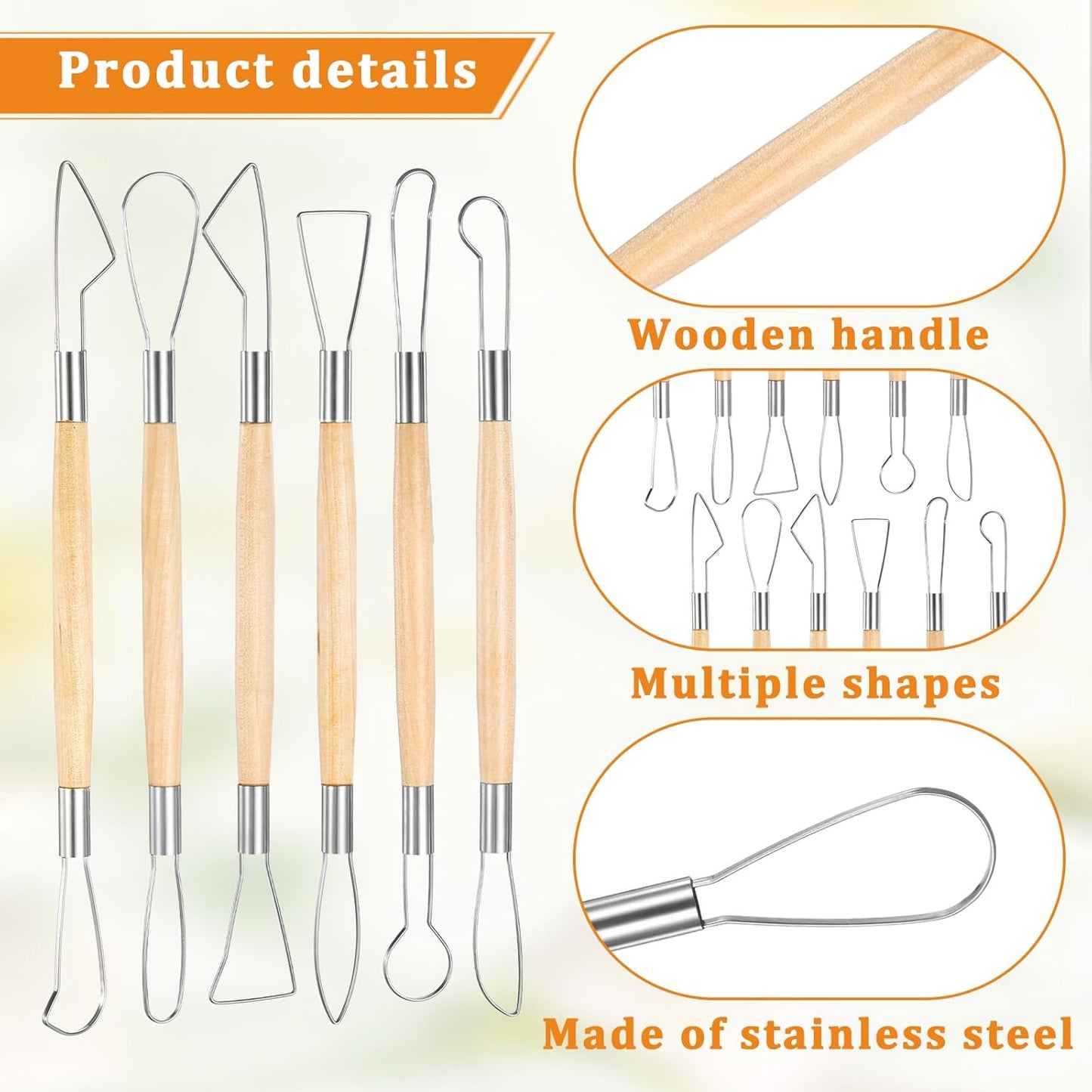 6Pcs Clay Sculpting Tools Ceramic Pottery Clay Ribbon Sculpting Tools Wooden Handle Sculpting Tools Kit Pottery Trimming Detail Tool Wire Loop Sculpture Set for Wax Carving Modeling