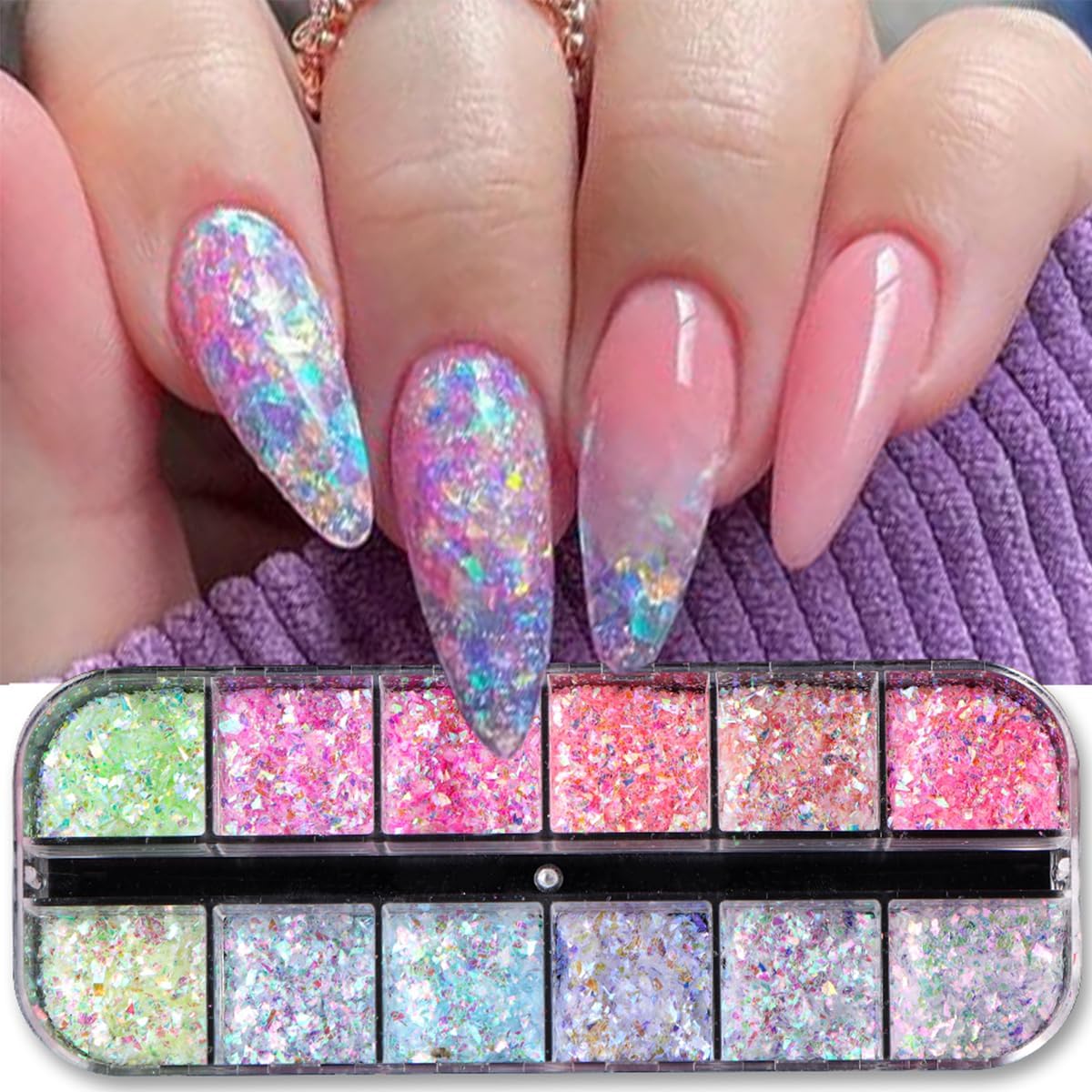 12 Colors Irregular Ice Nail Art Glitter Sequins 3D Holographic Mermaid Flakes Chameleon Confetti Iridescent Chunky Glitter for Face Make-Up Beauty Decorations