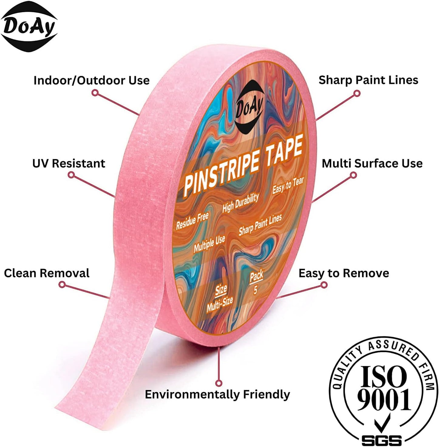 5 Rolls Pinstripe Tape - Masking Tape 1/16", 1/8", 1/4", 1/2", 3/4" - Thin Painters Masking Automotive Tape for DIY, Car, Auto, Paint, Art, Tumblers (Pink)