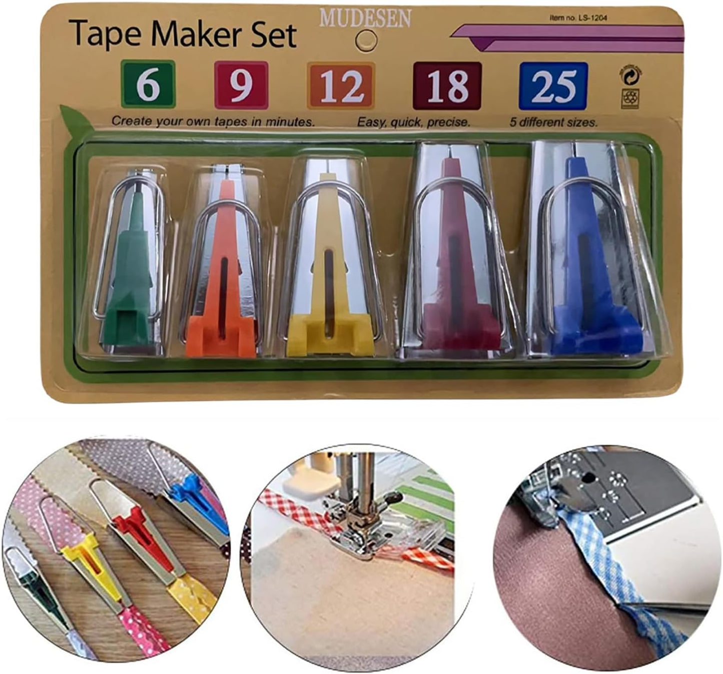 Bias Tape Makers Kit of 5 Sizes 1/4" 3/8" 1/2" 3/4" 1" DIY Quilting Tools Kit for Fabric Sewing and Quilting