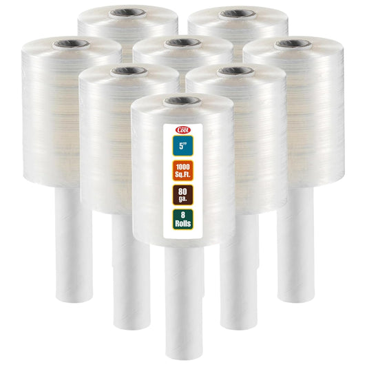 8 Pack Industrial Strength Mini Hand Stretch Wrap 5" 1000 Ft. Roll 80 Gauge Thick, Shrink Wrap Roll for Moving Supplies, Furniture, Pallets, Plastic Wrap for Packing, Heavy Duty Stretch Film