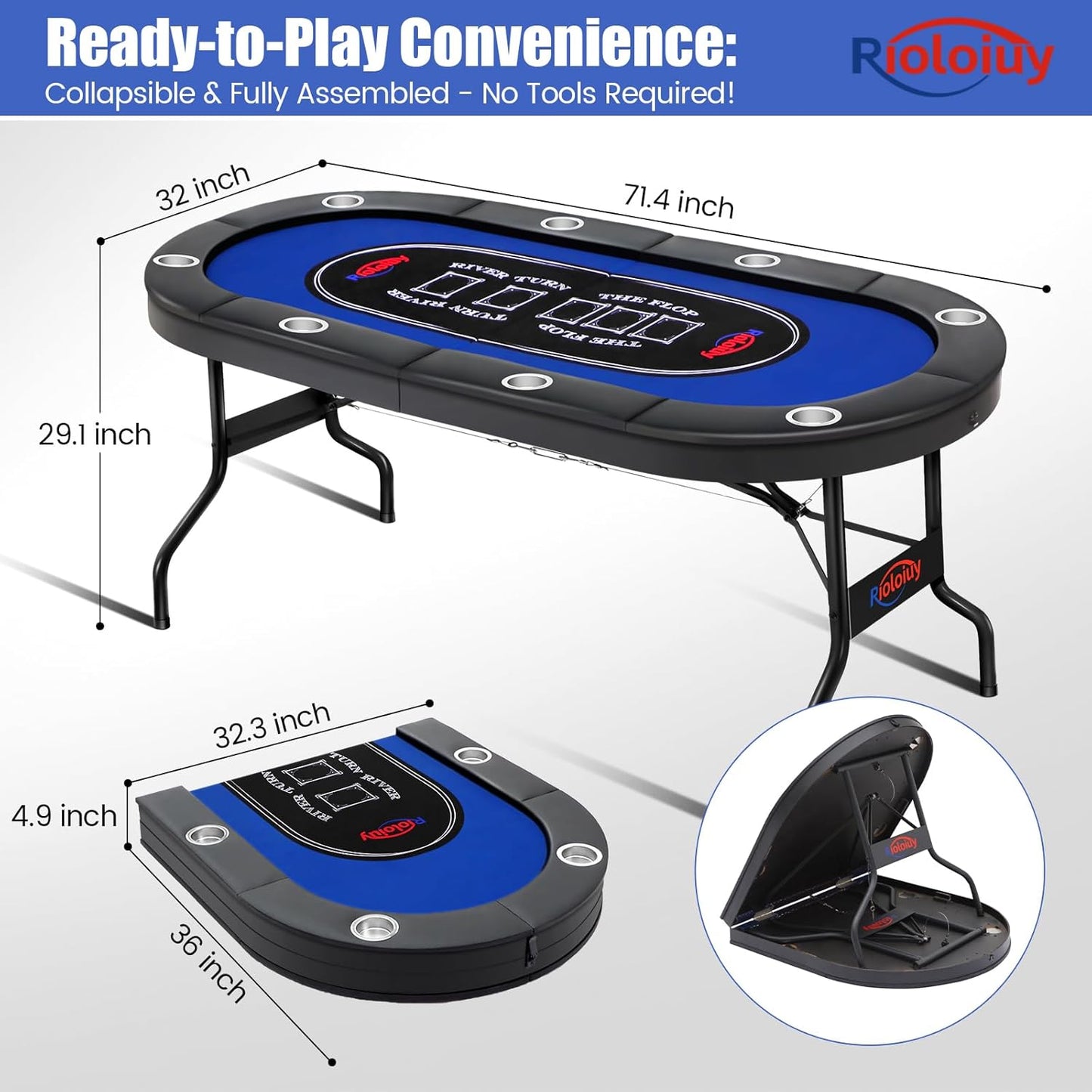 8 Player Poker Table Foldable, Texas Holdem Casino Table with Padded Rails & Cup Holders, Portable Folding Game Table for Home or Game Room, 71 Inch