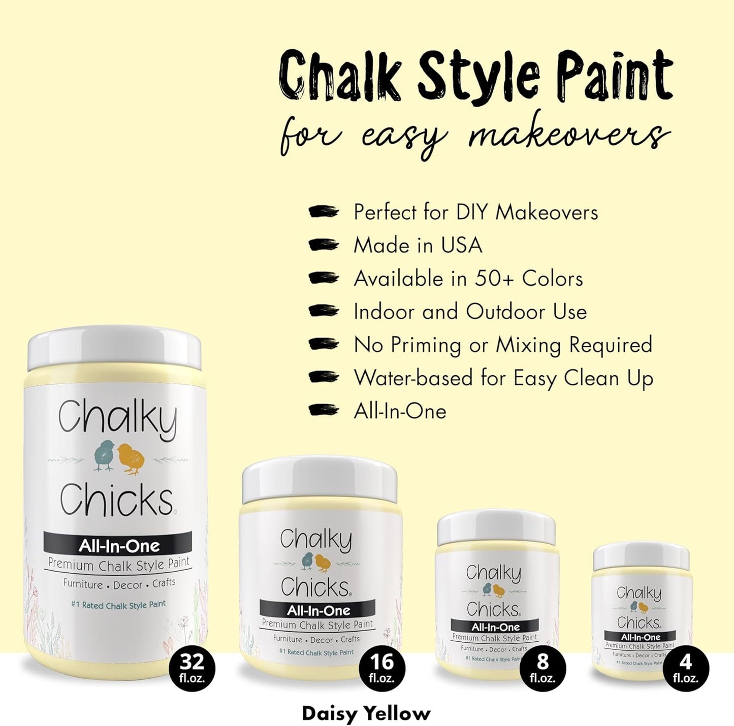 Chalky Chicks All-in-One Chalk Paint for Furniture or Cabinet - 4Fl Oz - Matte Finish Daisy (Light Yellow) for Metal, Wood Furniture Paint - No Sanding All-in-One for Home Decor & Crafts, USA Made