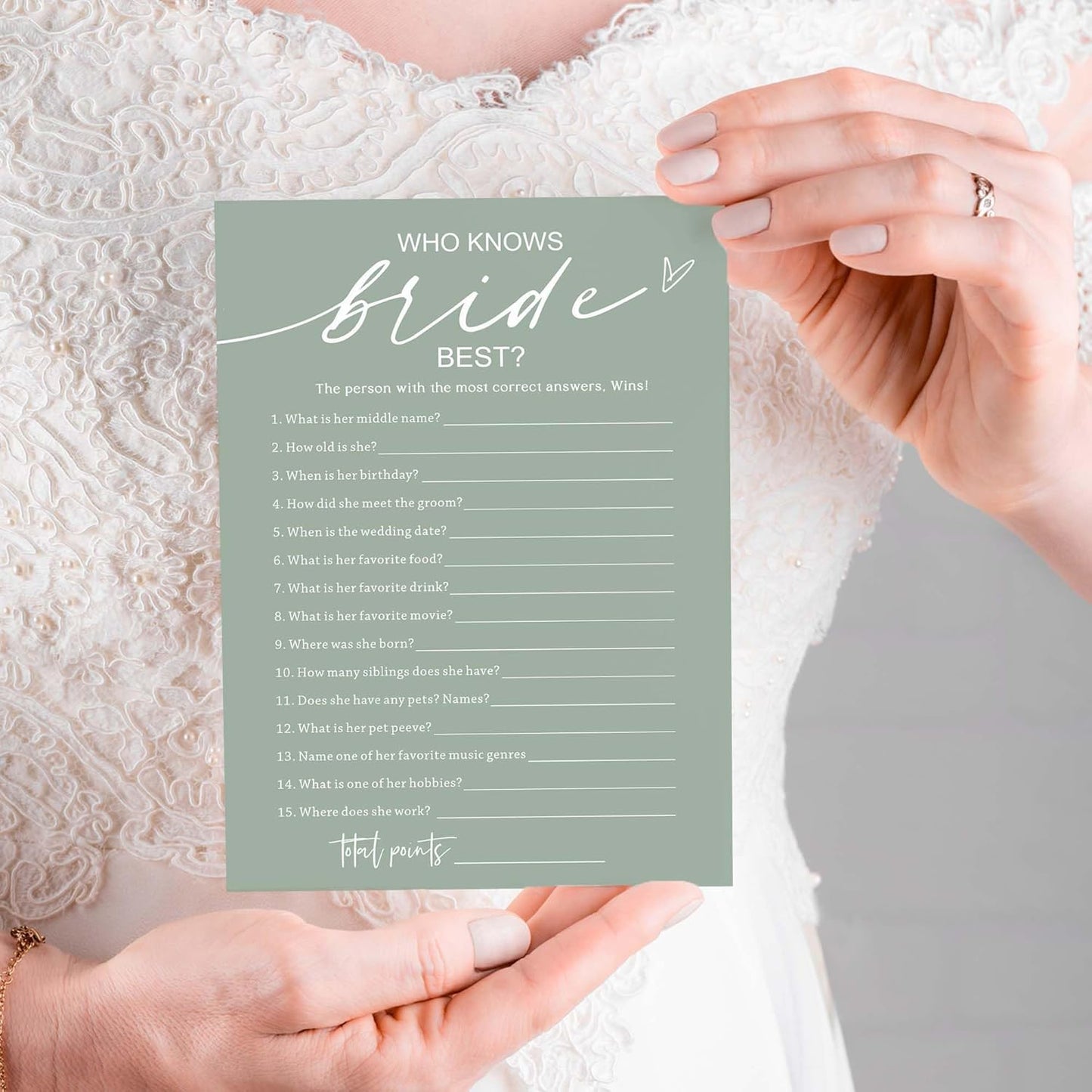 Bridal Shower Games Cards, 25 Guests, Modern, Green, Educational, Adult, Manual, English, 5 x 7 inches