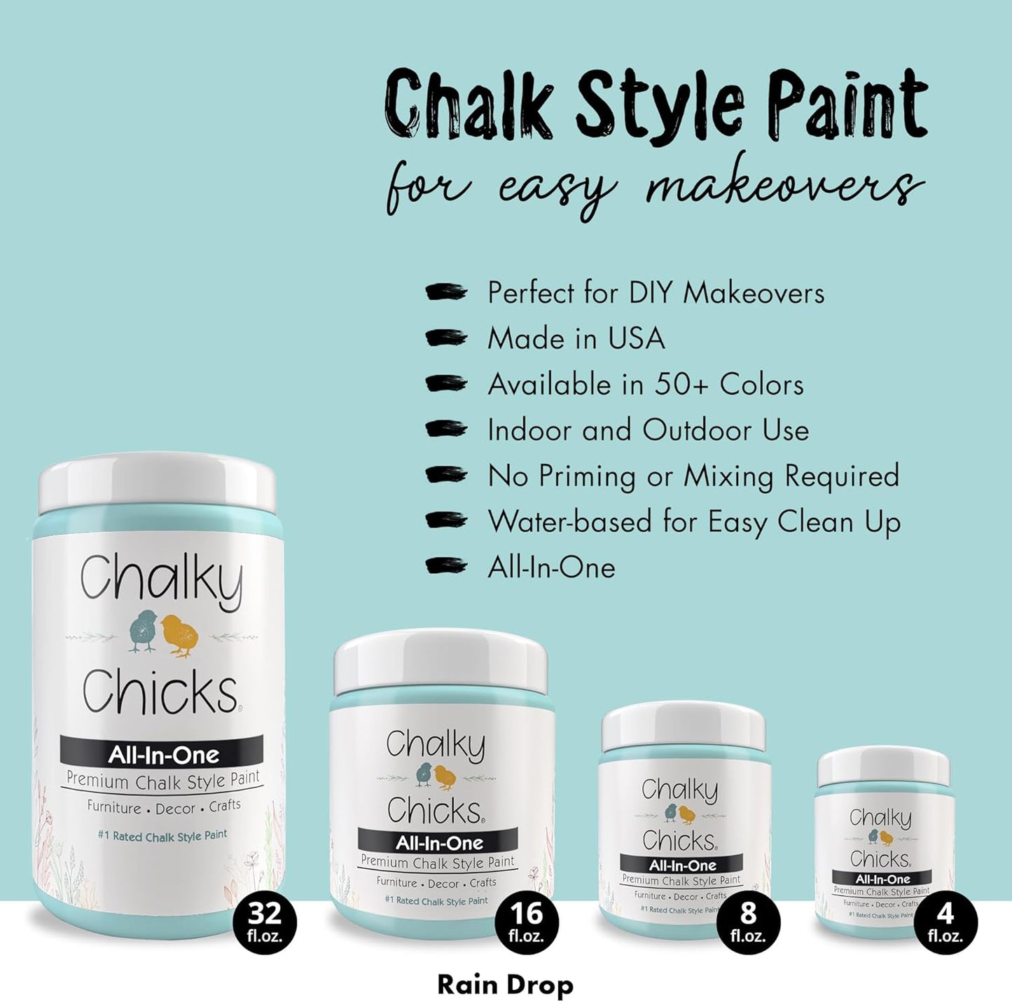 Chalky Chicks 4 Fl Oz Matte Rain Drop (Light Blue) Chalk Paint, Furniture Paint No Sanding All in One Paints Without Sanding for Cabinet, Wood, Crafts, Chalk Board, Walls, Dresser, Kitchen