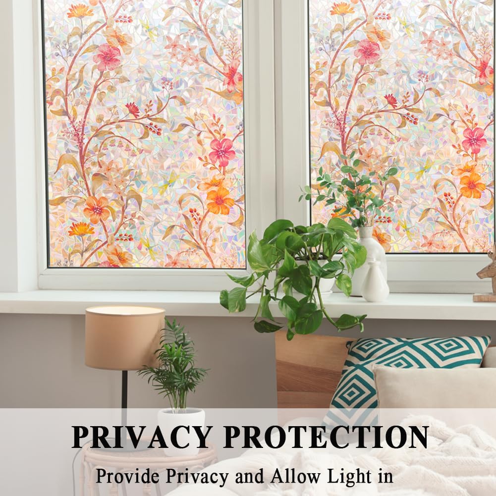 Stained Glass Window Film Static Cling Door Privacy Film Decorative Flowers Red Leaves Window Decals Stickers Heat Control Anti UV for Home and Office,23.6 inches by 78.7 inches
