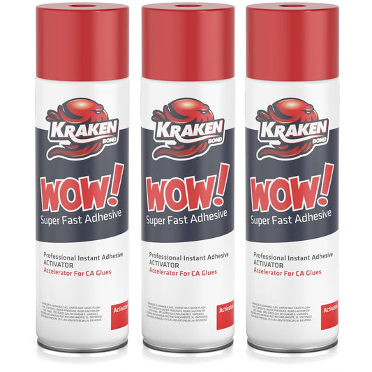 KRAKEN BOND Wow! Spray Adhesive Activator(3X16.9 Oz.) - Cyanoacrylate Super Glue Accelerator Spray for Plastic, Metal, Wood & PVC, CA Glue Activator | 3 Pack